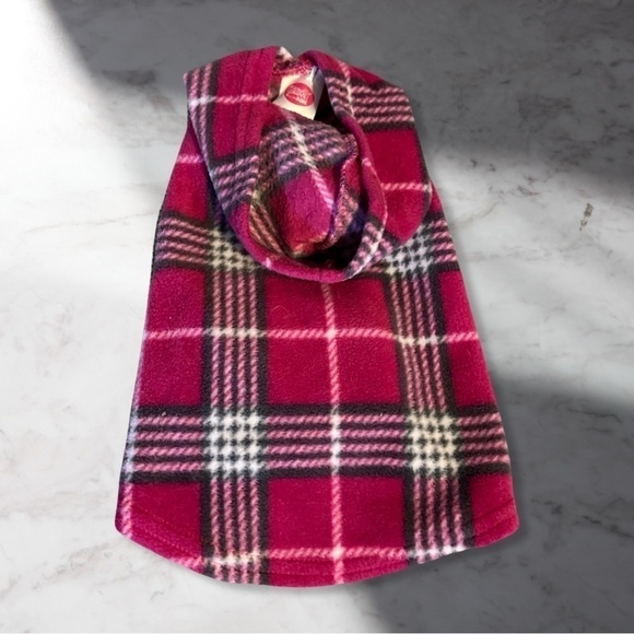 EUC XXS Dog Plaid Fleece Hoodie In Pink Velcro Closure Under Belly - Picture 1 of 5